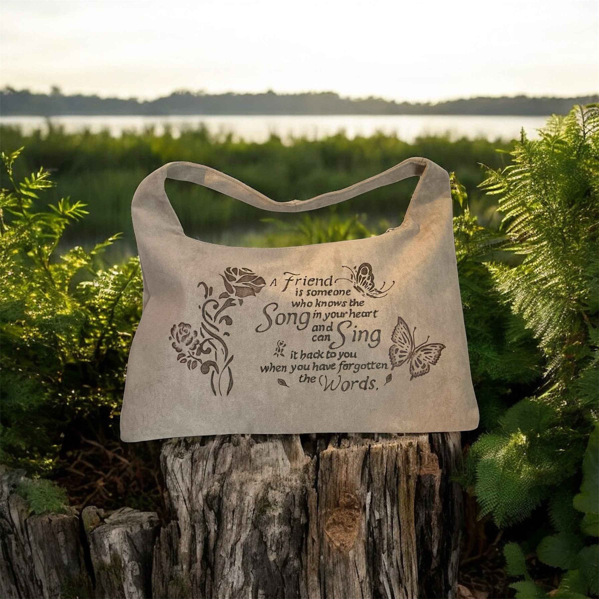 Hand Burned Vegan Suede Bag – Outback Country & Friends Poem Design