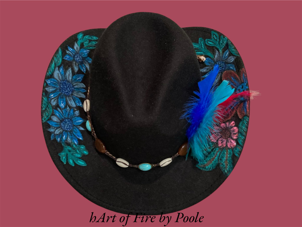 Painted Flowers, Black hand painted Cowboy Hat