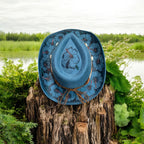 Blue Hibiscus Cowboy Hat, Hand burned and painted
