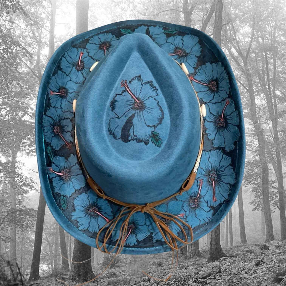 Elevate Your Style with the Boho Custom Cowboy Hat - Blue Hibiscus Deluxe Suedette