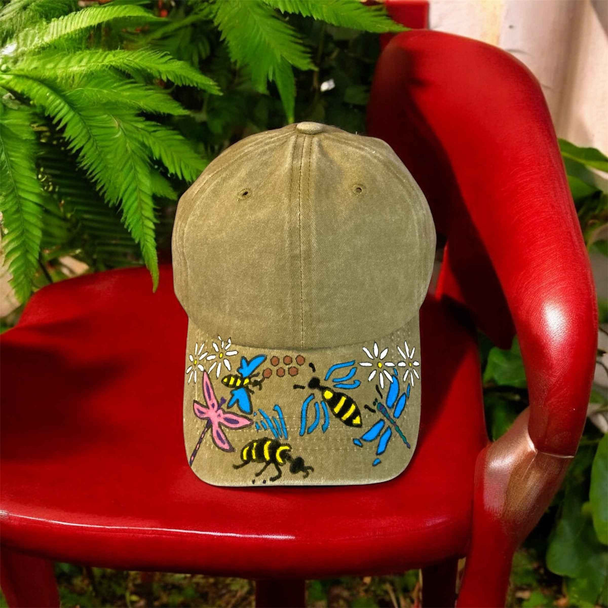 Hand Painted Baseball Cap - Unique Bees and Dragonflies Design for Nature Lovers