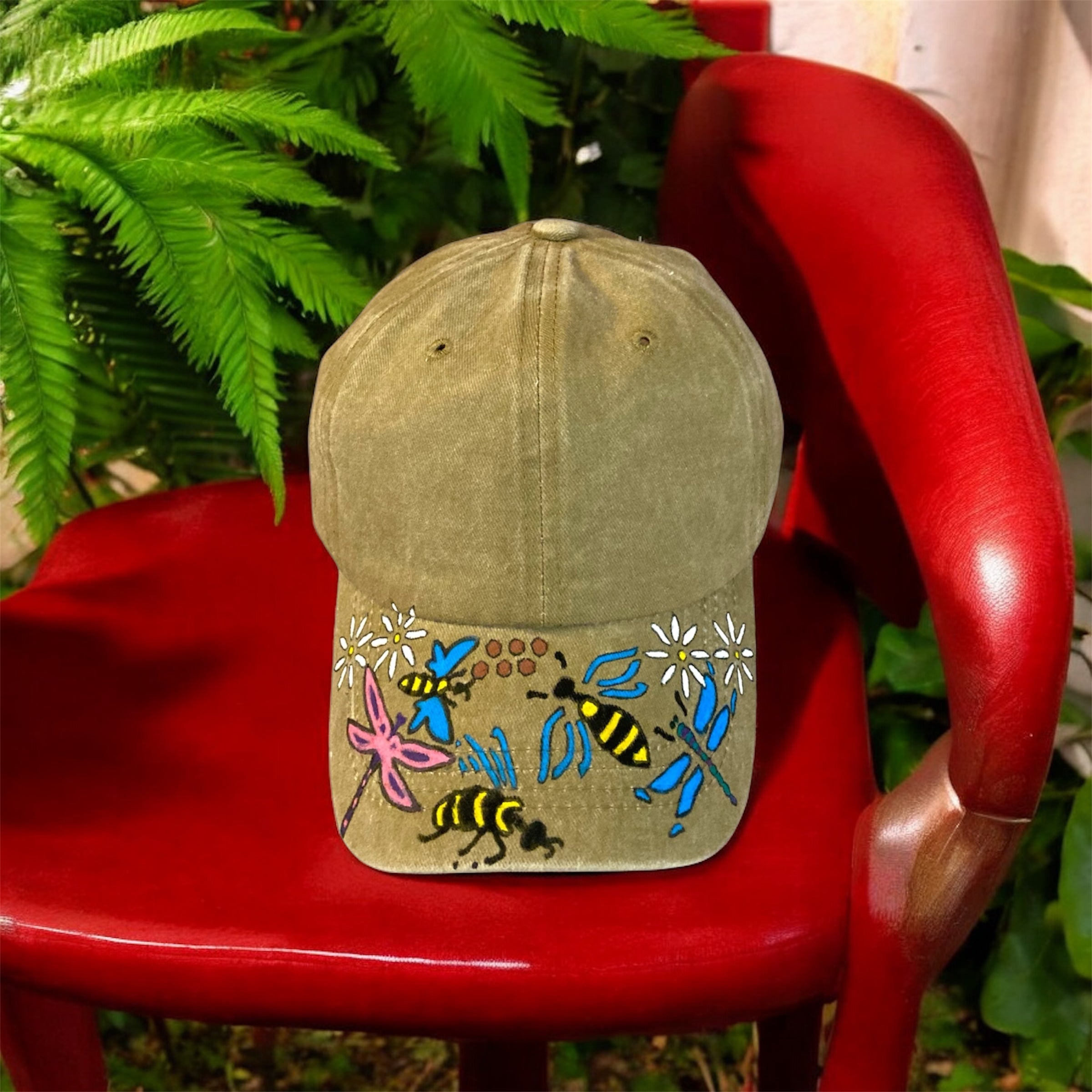 Bees and Dragonflies, hand painted baseball cap
