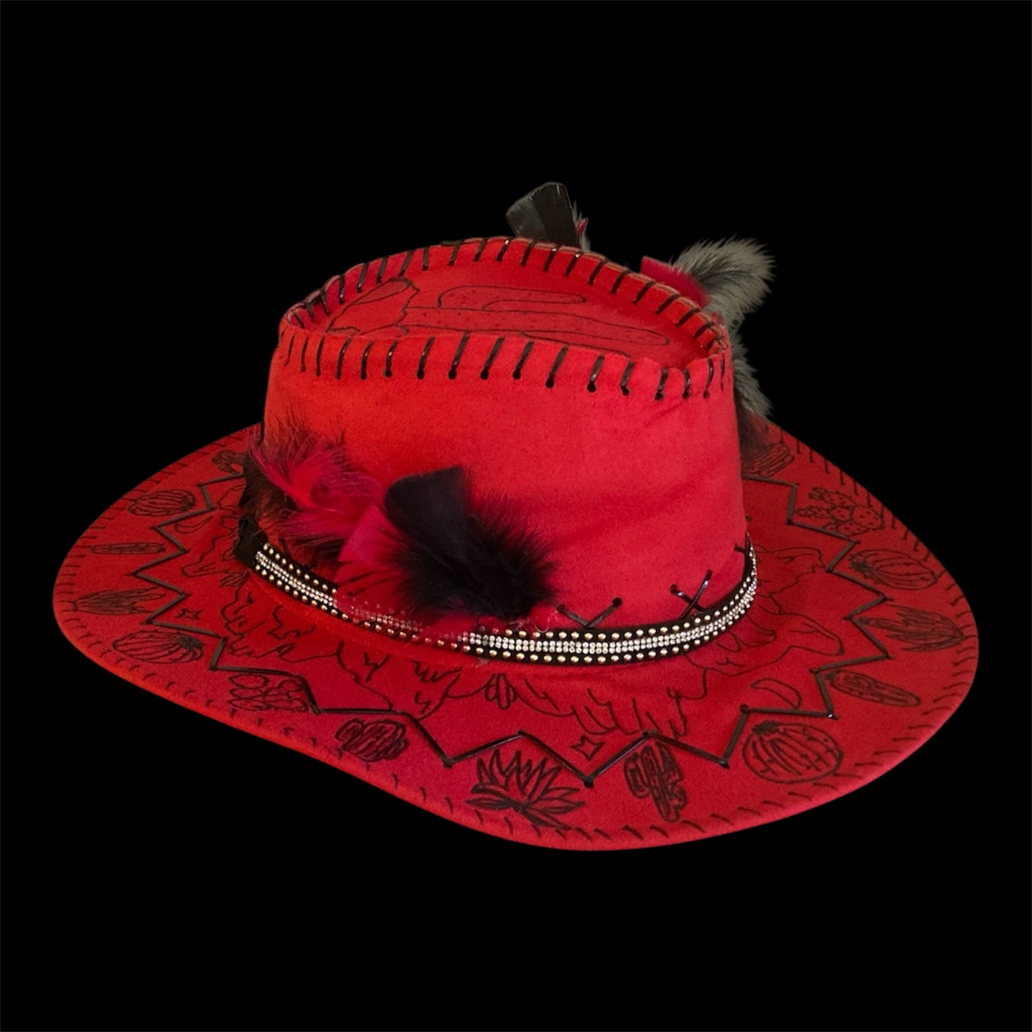 OOAK Custom Rancher Hat "Southwest Whimsy - Cacti and Mesa) handburned and painted design