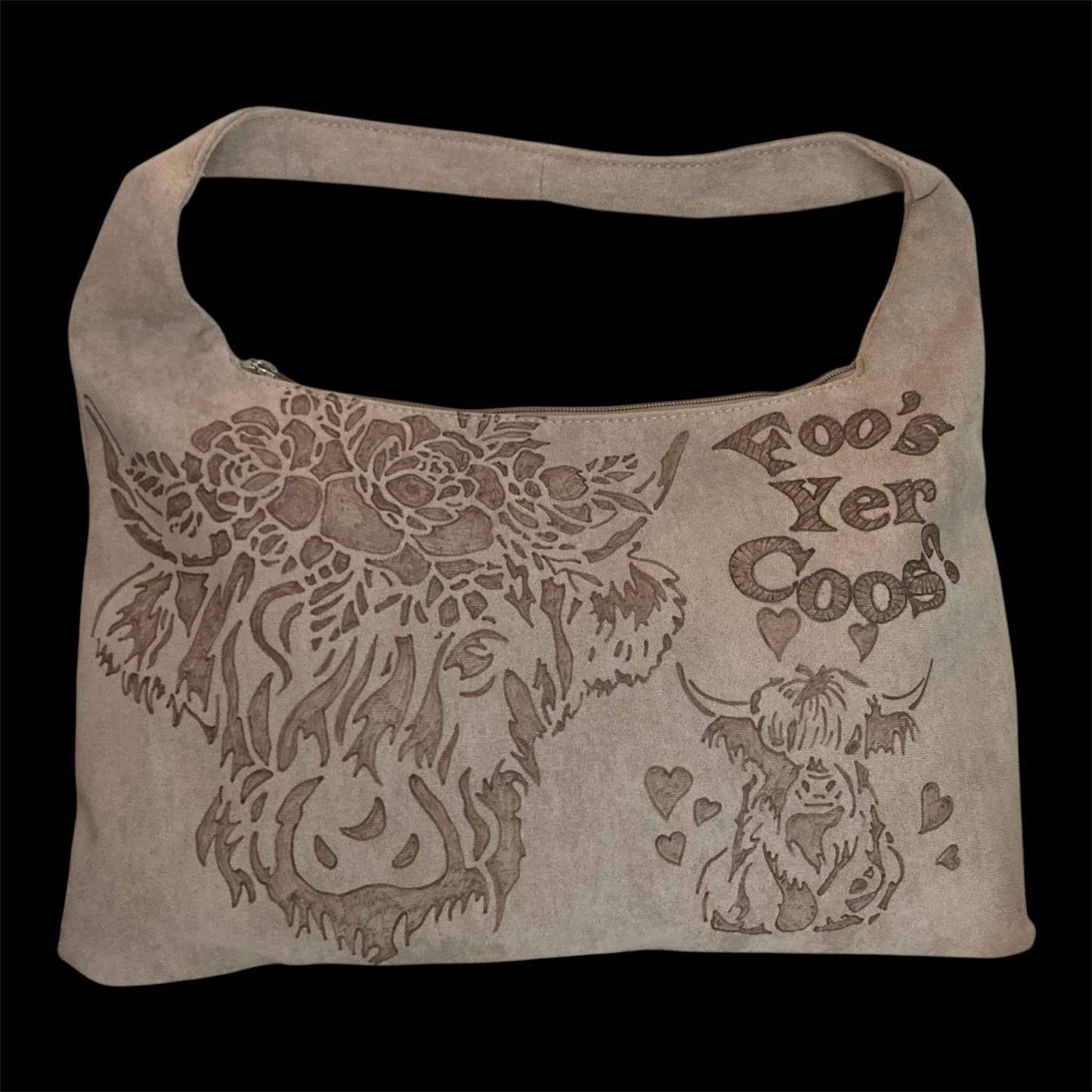 Highland Cows Hand Burned Bag - Stylish and Functional Vegan Suede Tote