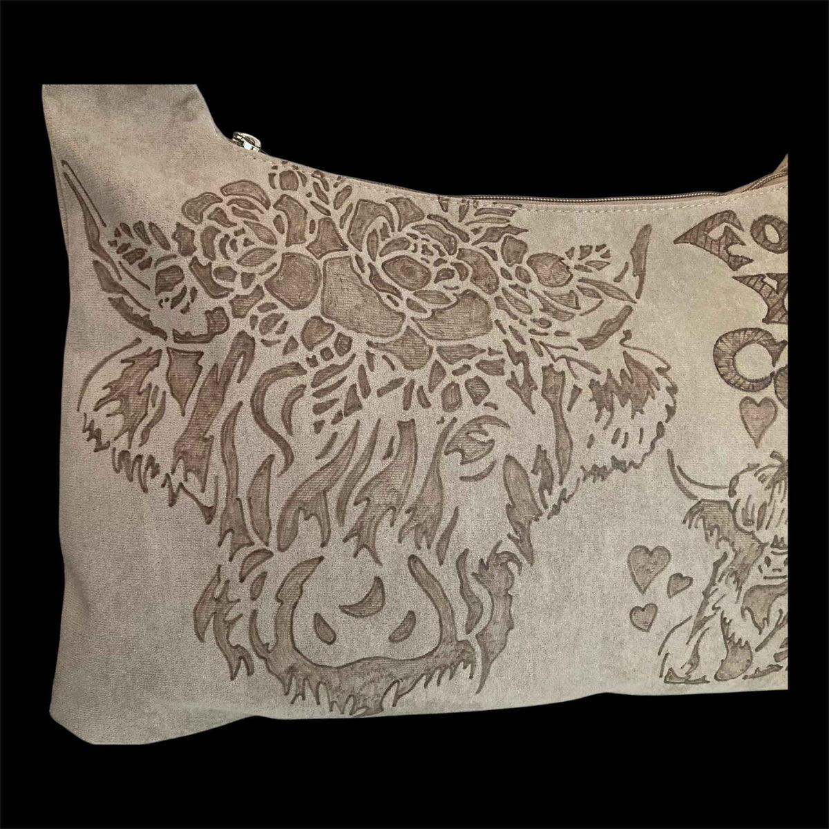 Highland Cows Hand Burned Bag - Stylish and Functional Vegan Suede Tote