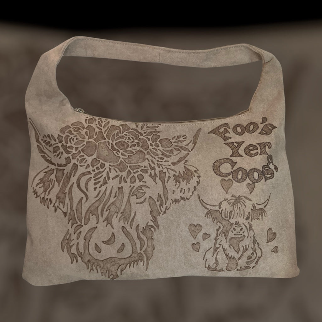 Highland Cows "Foo's Yer Coos" Design Large Hand burned bag (single-sided burn)