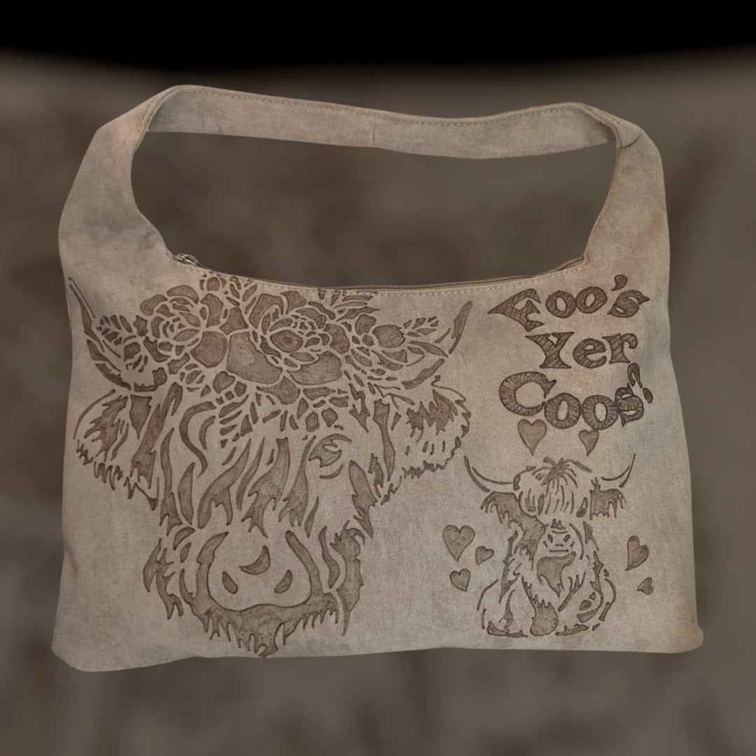 Highland Cows Hand Burned Bag - Stylish and Functional Vegan Suede Tote