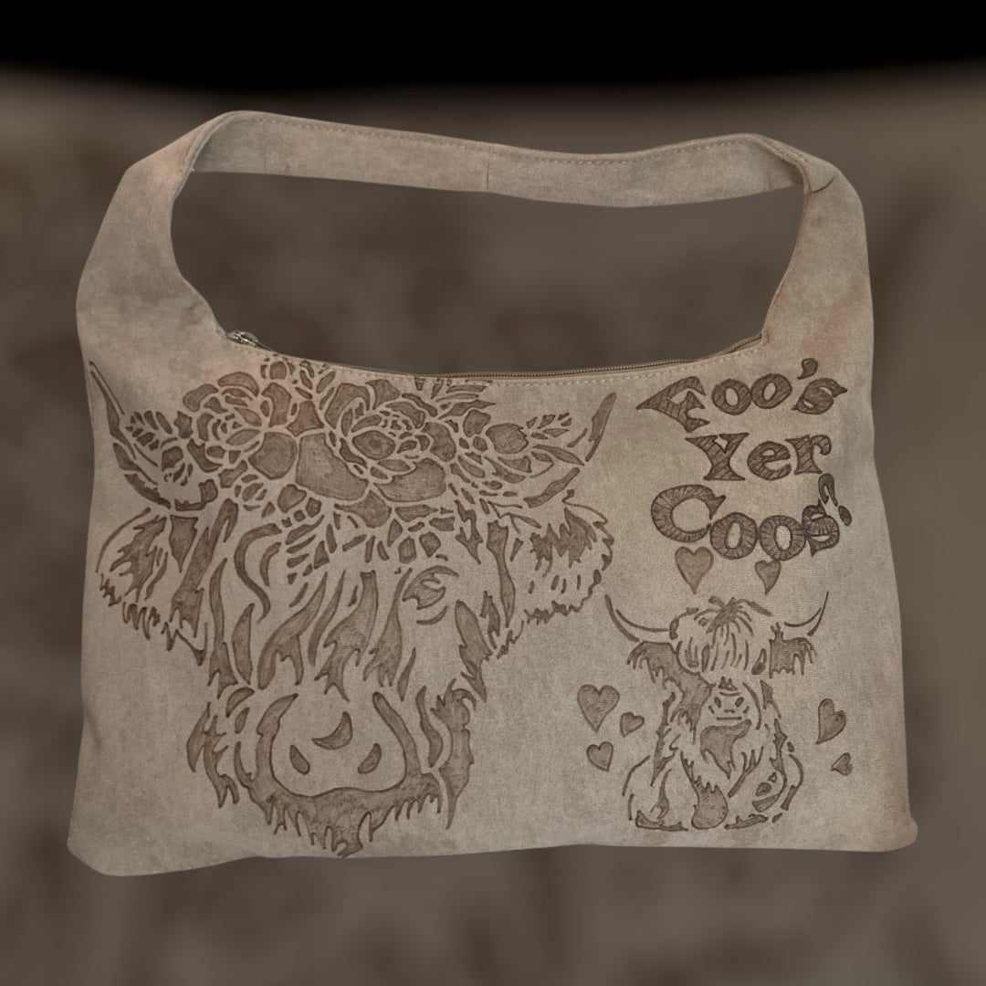 Highland Cows "Foo's Yer Coos" Design Large Hand burned bag (single-sided burn)