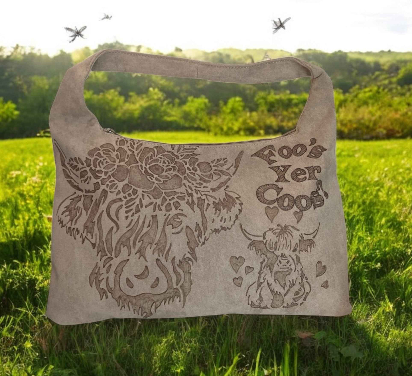 Highland Cows Hand Burned Bag - Stylish and Functional Vegan Suede Tote