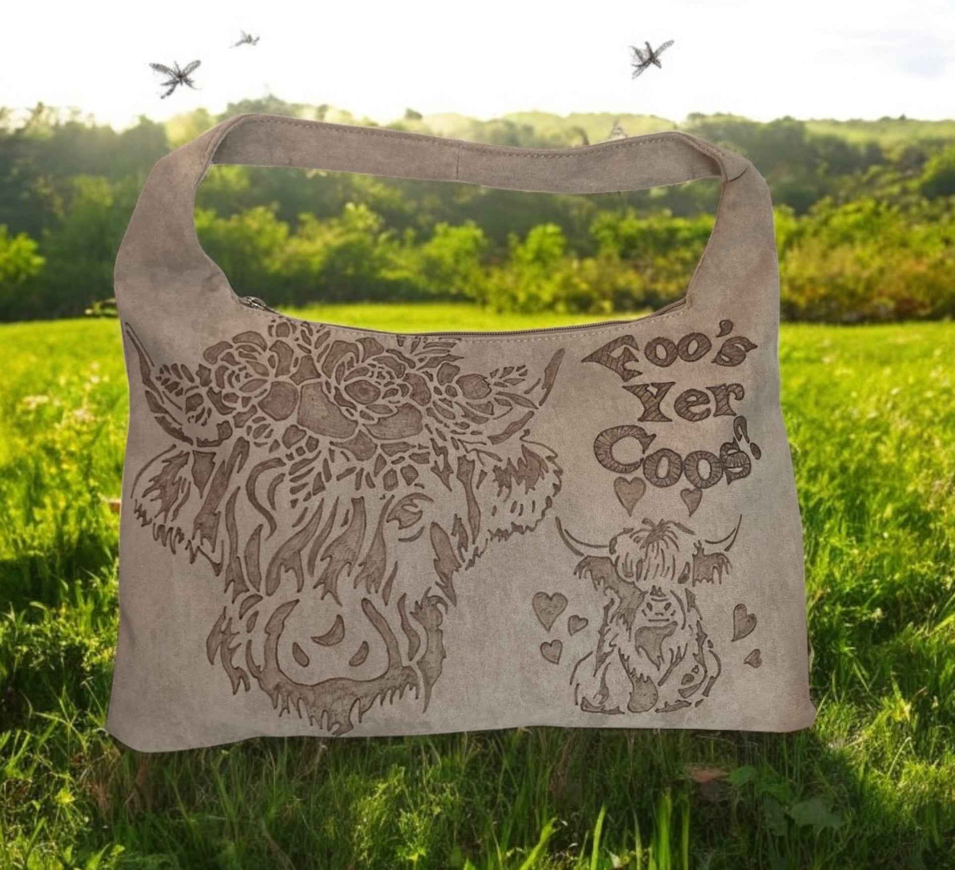 Highland Cows Hand Burned Bag - Stylish and Functional Vegan Suede Tote