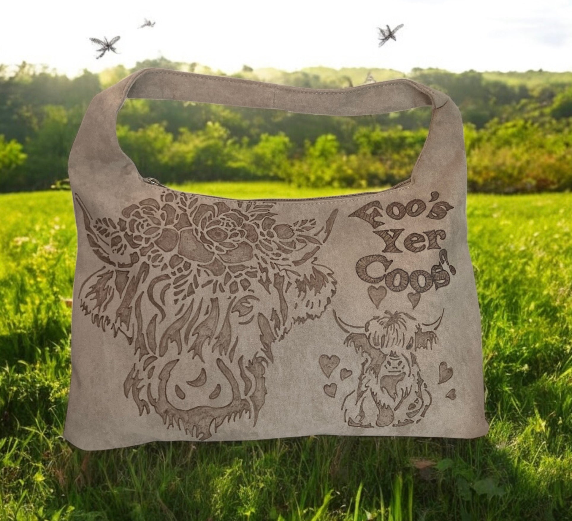 Highland Cows "Foo's Yer Coos" Design Large Hand burned bag (single-sided burn)