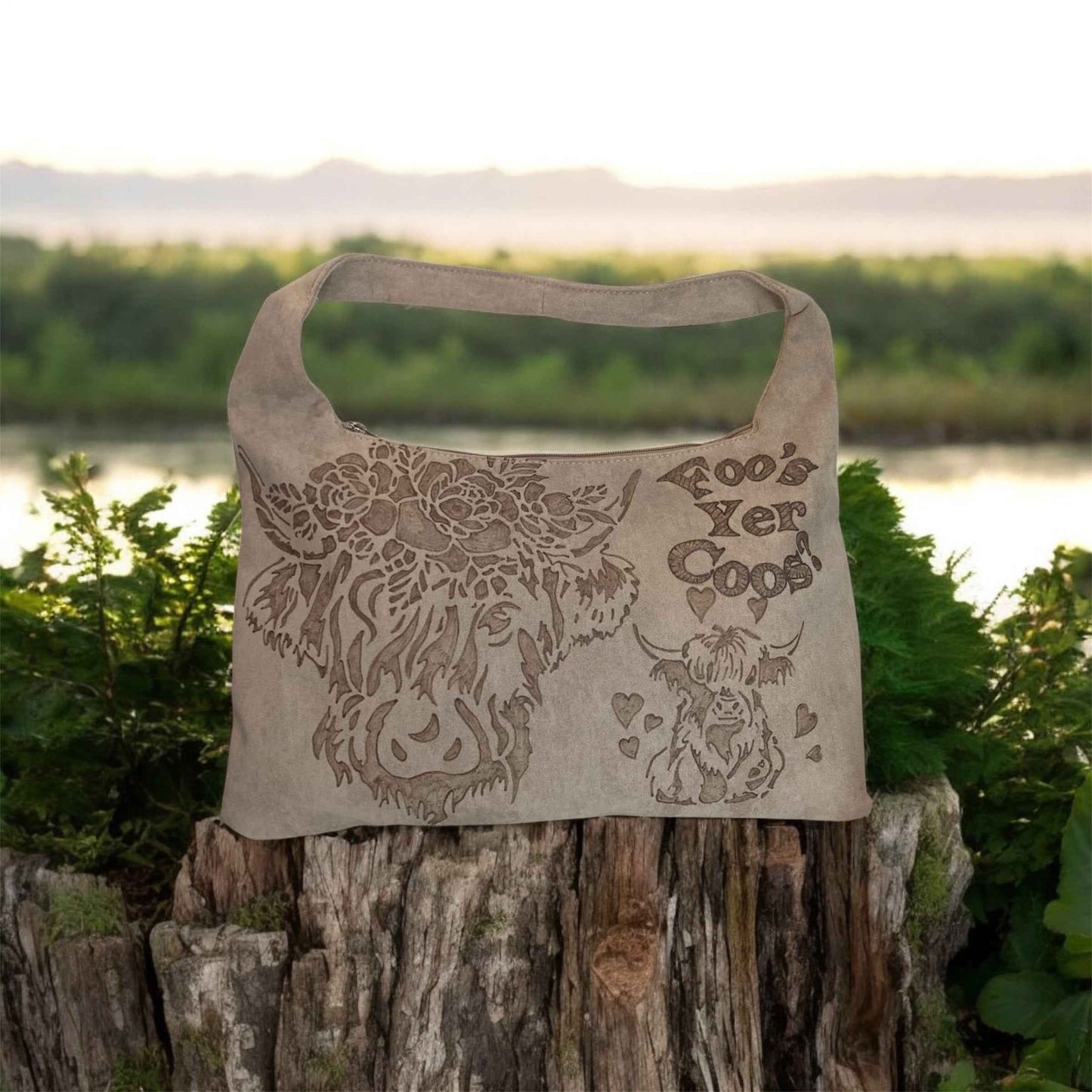 Highland Cows Hand Burned Bag - Stylish and Functional Vegan Suede Tote