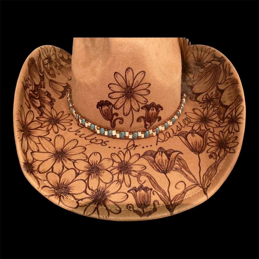 OOAK Custom Cowboy Hat "Tulips Or Daisies" 100% handburned Original Mackenzie Carpenter Fan hat