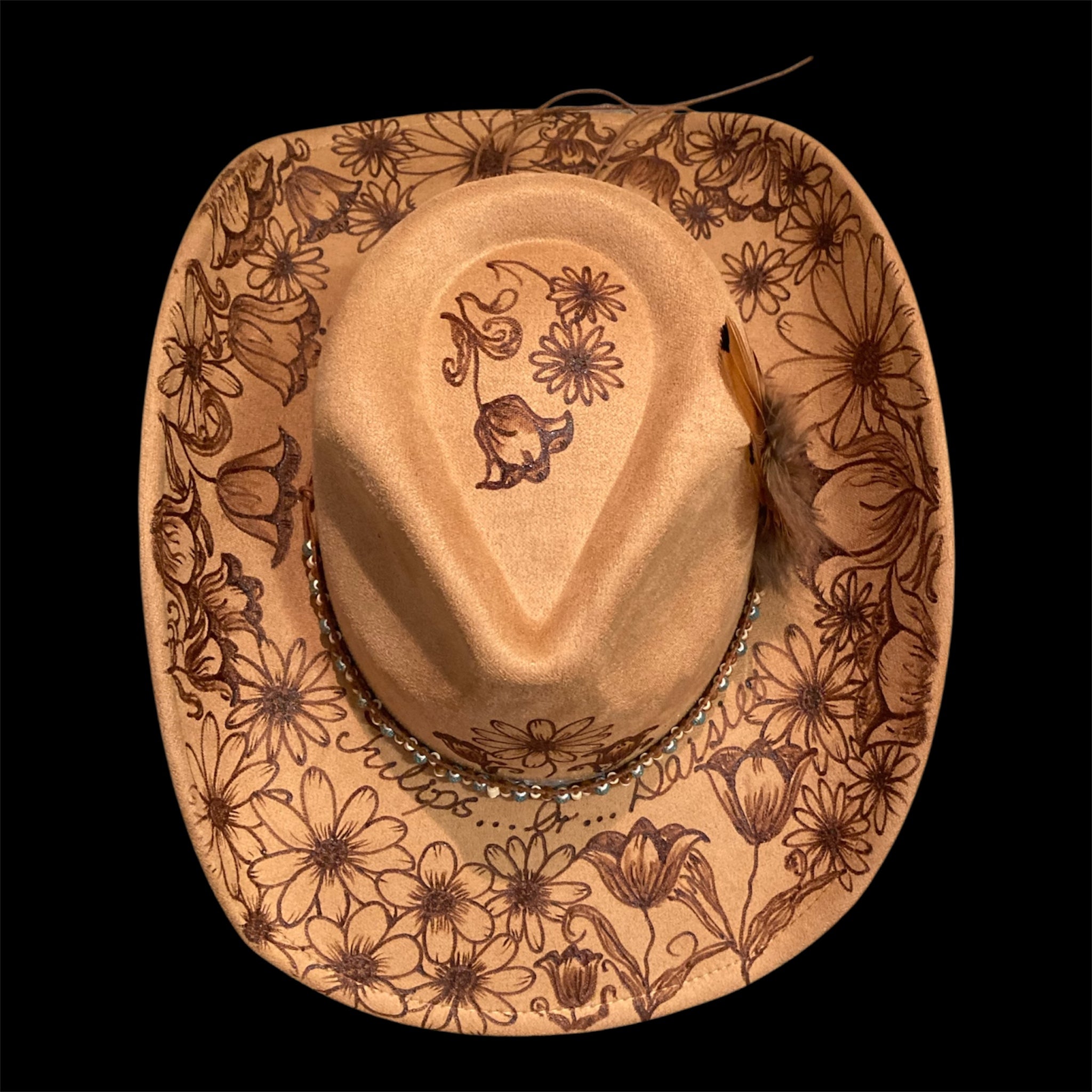 OOAK Custom Cowboy Hat "Tulips Or Daisies" 100% handburned Original Mackenzie Carpenter Fan hat