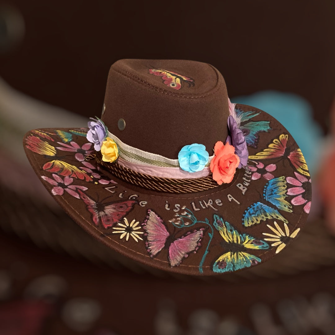 OOAK Custom Aussie Style Cowboy Hat "Life is like a Butterfly" handburned and painted design