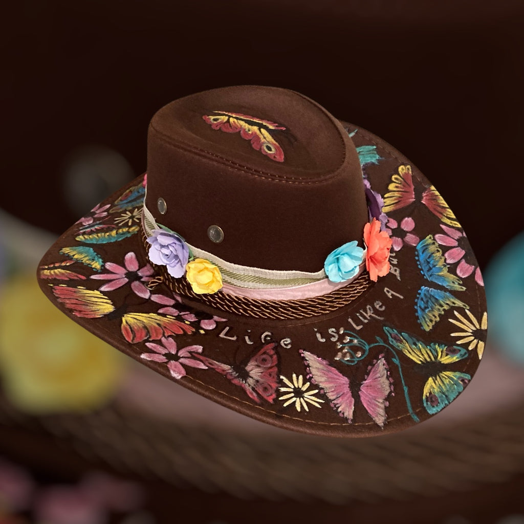 OOAK Custom Aussie Style Cowboy Hat "Life is like a Butterfly" handburned and painted design