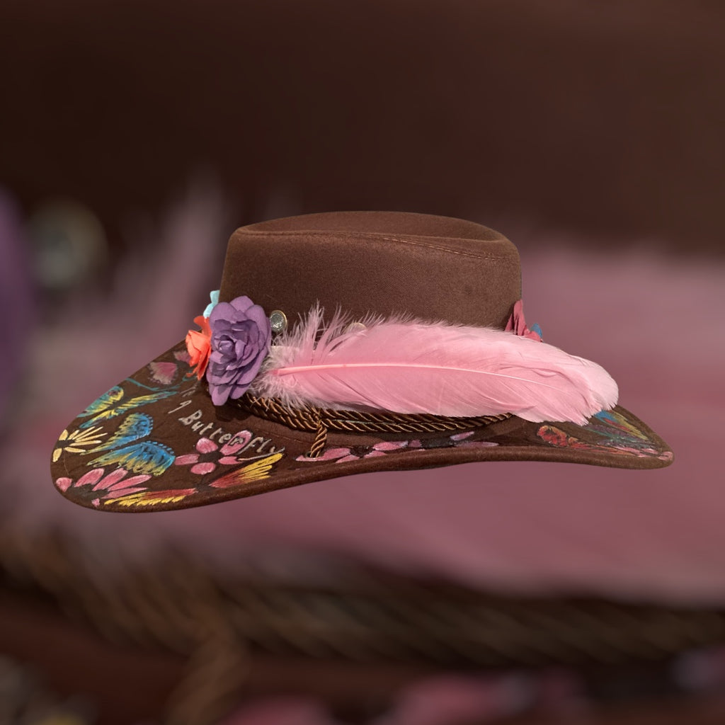OOAK Custom Aussie Style Cowboy Hat "Life is like a Butterfly" handburned and painted design