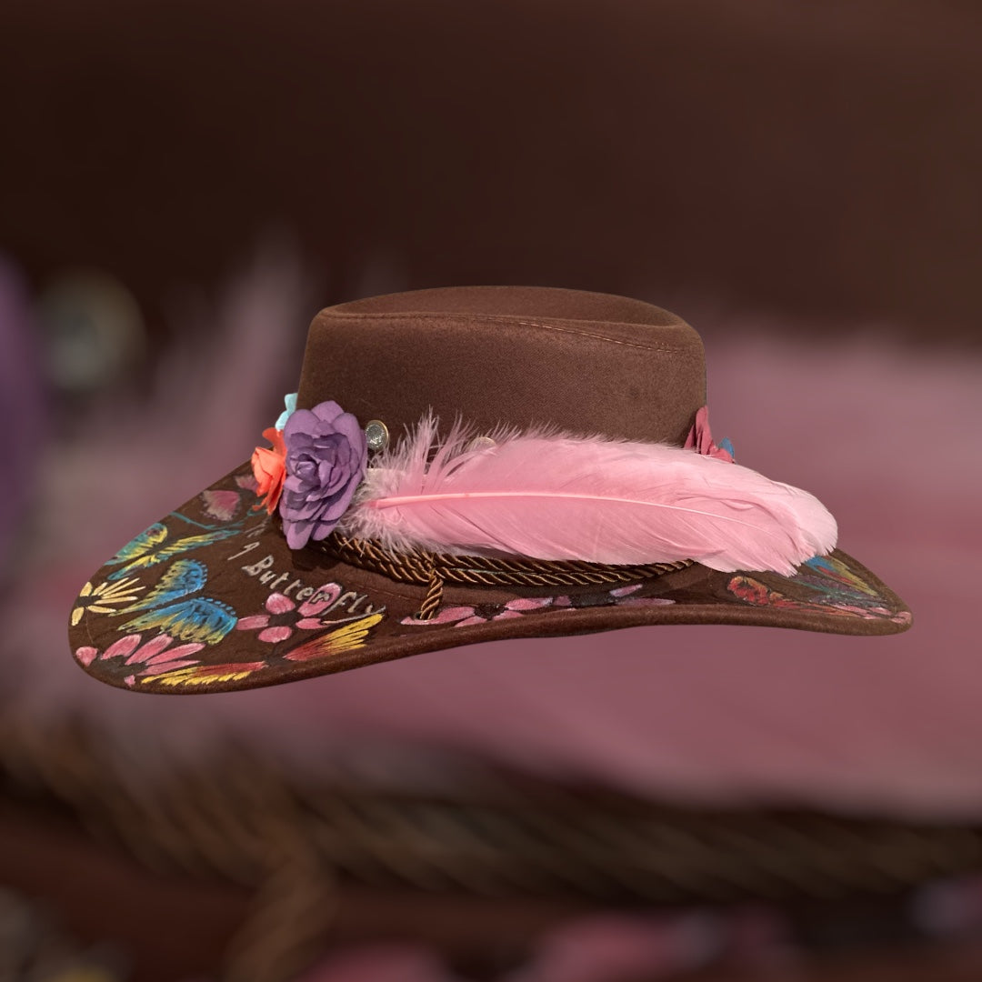 OOAK Custom Aussie Style Cowboy Hat "Life is like a Butterfly" handburned and painted design
