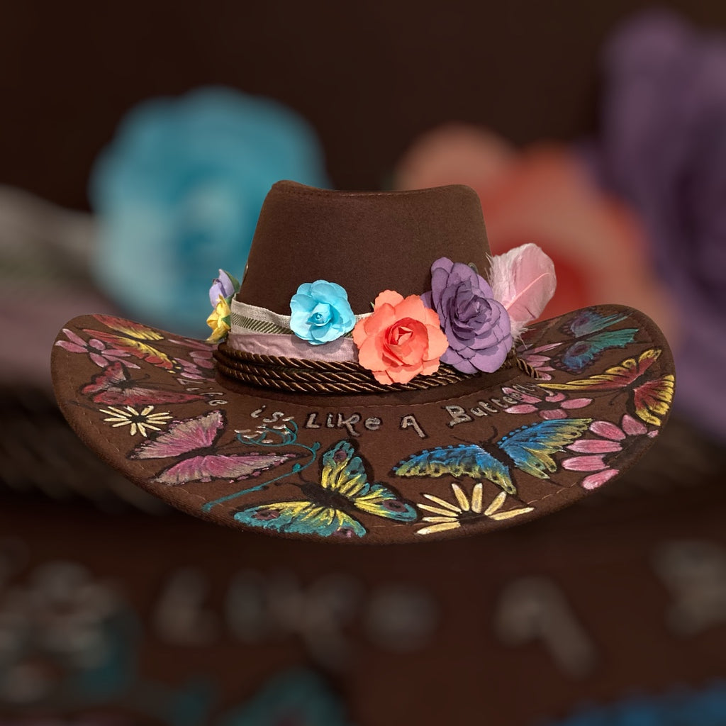 OOAK Custom Aussie Style Cowboy Hat "Life is like a Butterfly" handburned and painted design