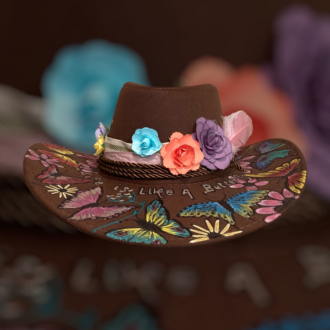 OOAK Custom Aussie Style Cowboy Hat "Life is like a Butterfly" handburned and painted design
