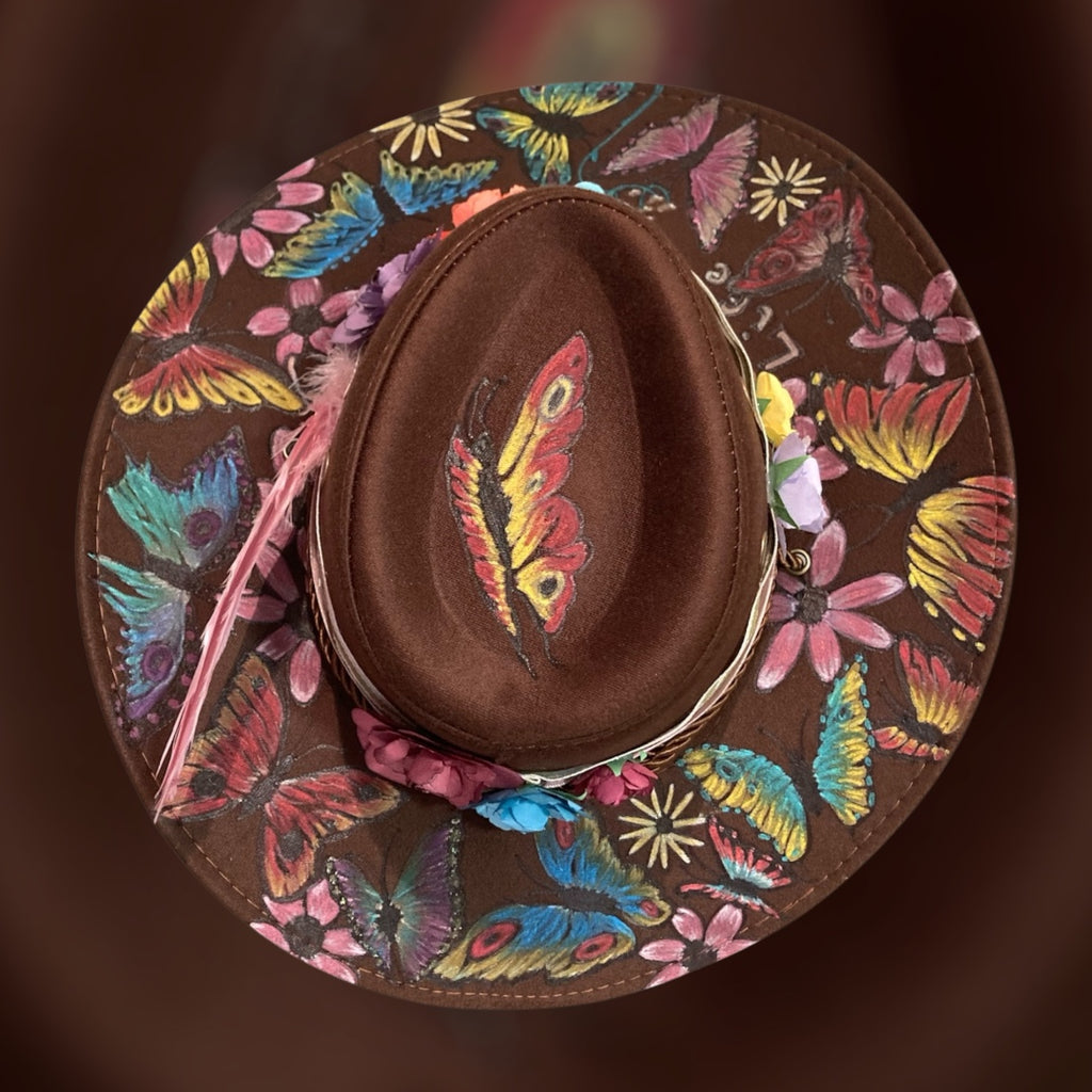 OOAK Custom Aussie Style Cowboy Hat "Life is like a Butterfly" handburned and painted design
