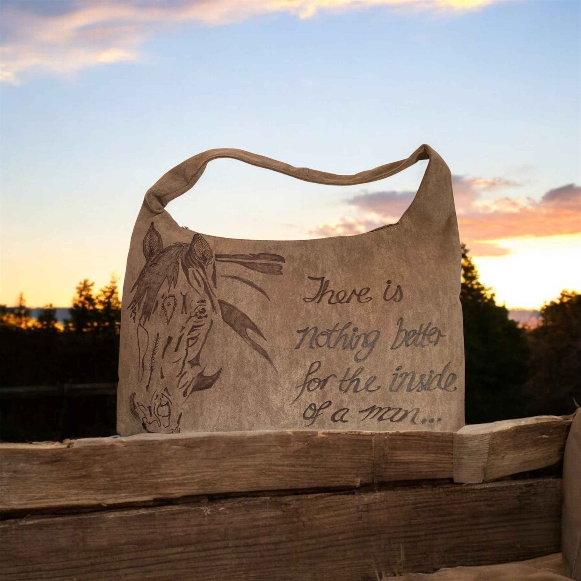 Hand Burned Vegan Suede Horse Bag – A Unique Accessory for Equestrian Lovers