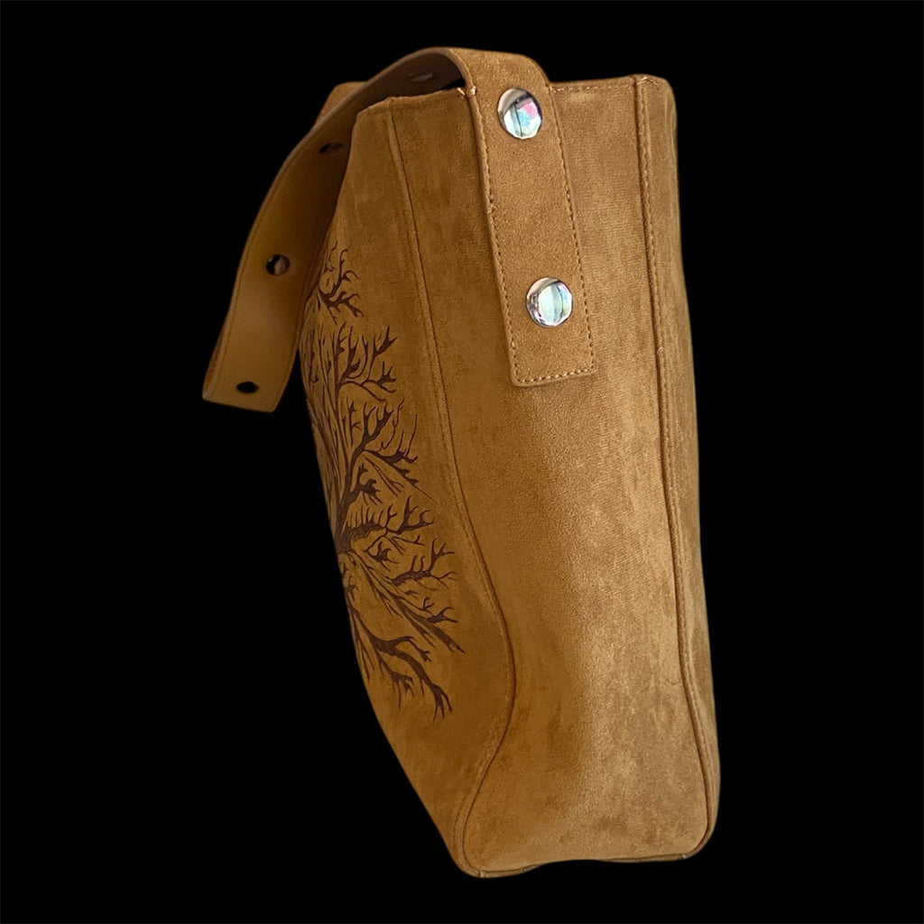 Custom Suedette Large Tote Bag, "Forest Spirit Horse", hand-burned, one off design, Golden Tan colour