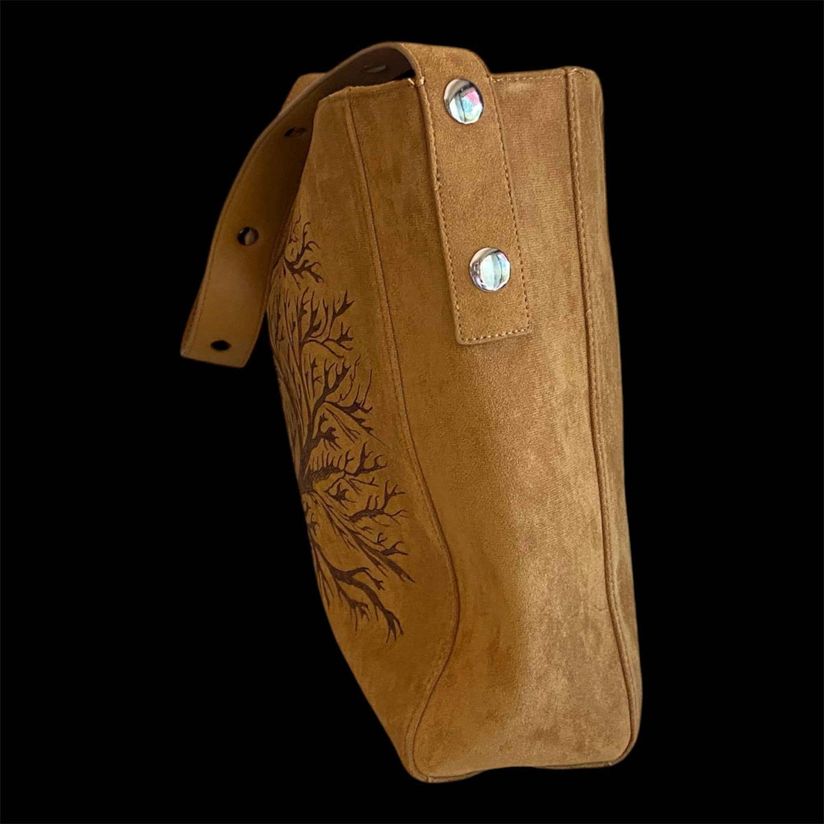 Custom Suedette Large Tote Bag, "Forest Spirit Horse", hand-burned, one off design, Golden Tan colour