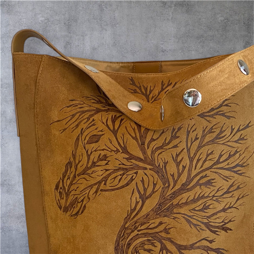Custom Suedette Large Tote Bag, "Forest Spirit Horse", hand-burned, one off design, Golden Tan colour