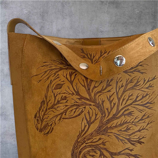 Custom Suedette Large Tote Bag, "Forest Spirit Horse", hand-burned, one off design, Golden Tan colour