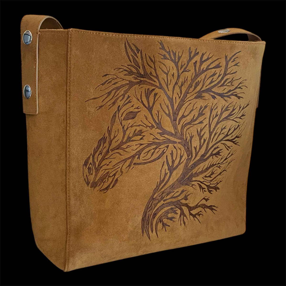 Custom Suedette Large Tote Bag, "Forest Spirit Horse", hand-burned, one off design, Golden Tan colour