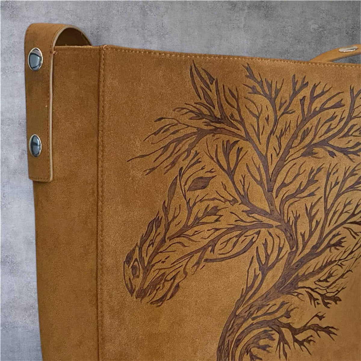 Custom Suedette Large Tote Bag, "Forest Spirit Horse", hand-burned, one off design, Golden Tan colour