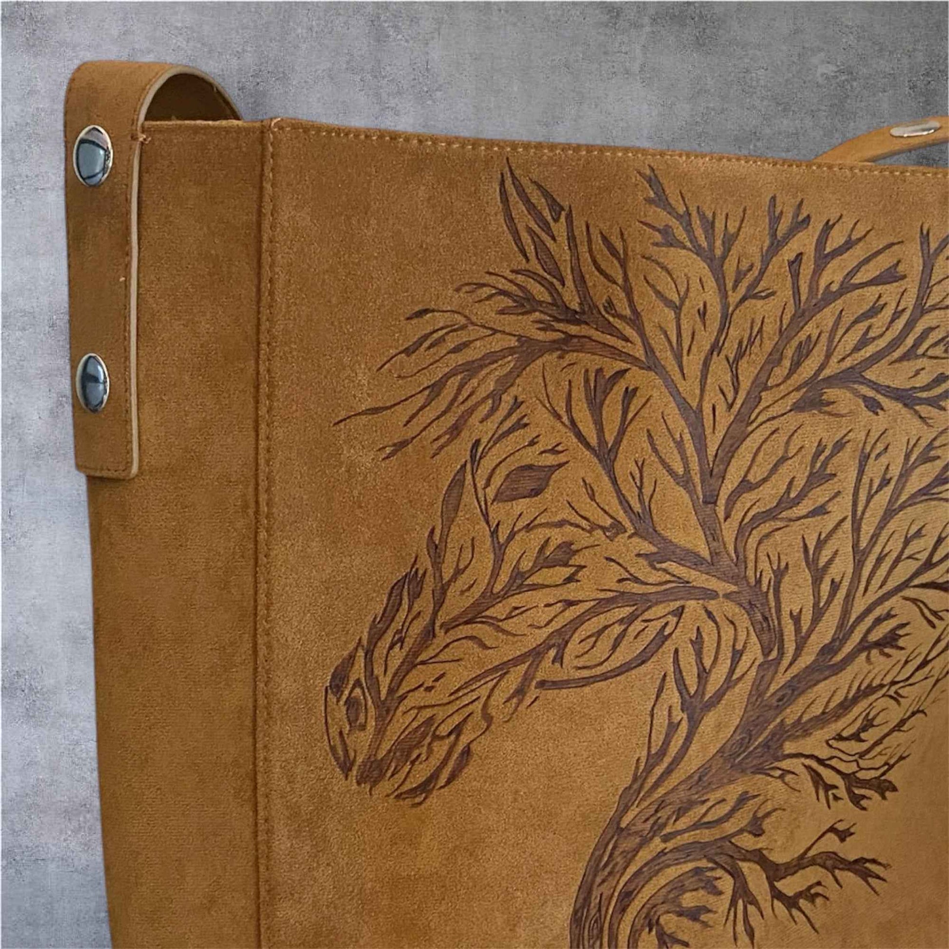 Custom Suedette Large Tote Bag, "Forest Spirit Horse", hand-burned, one off design, Golden Tan colour