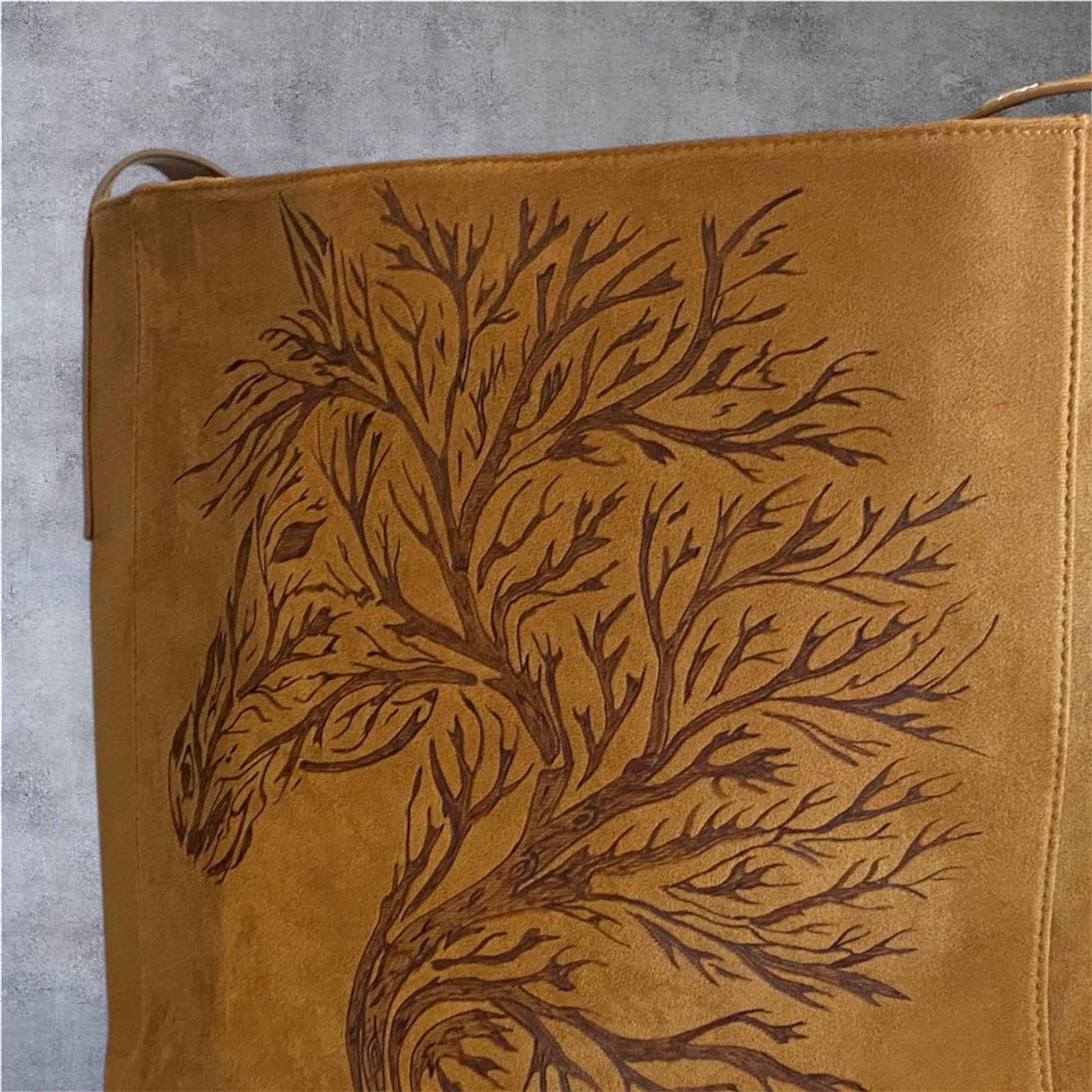 Custom Suedette Large Tote Bag, "Forest Spirit Horse", hand-burned, one off design, Golden Tan colour