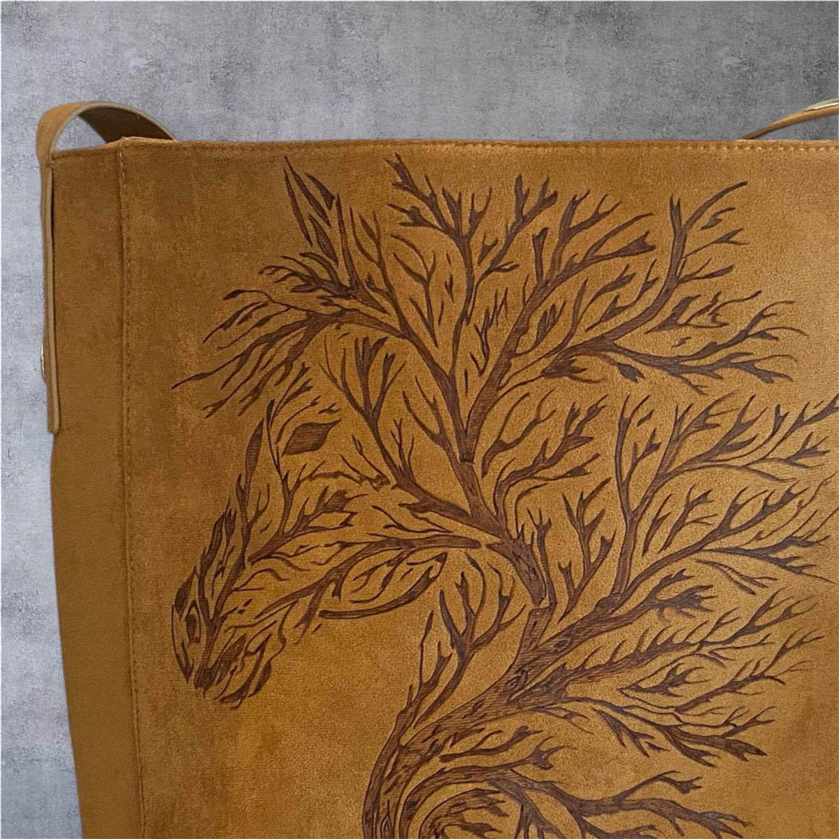 Custom Suedette Large Tote Bag, "Forest Spirit Horse", hand-burned, one off design, Golden Tan colour