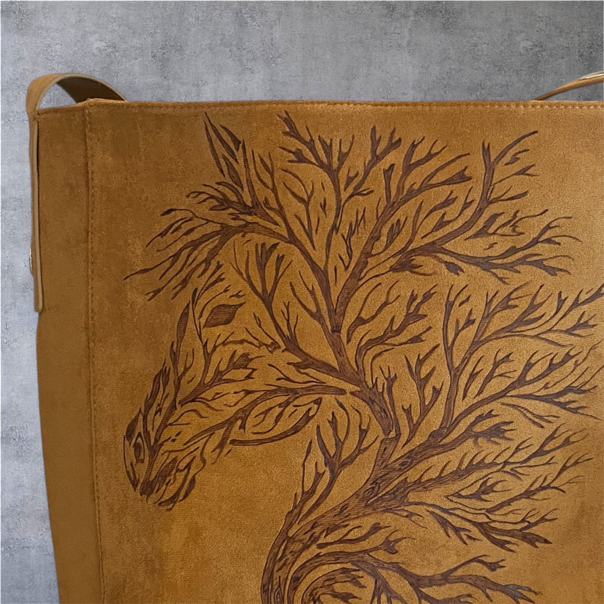 Custom Suedette Large Tote Bag, "Forest Spirit Horse", hand-burned, one off design, Golden Tan colour