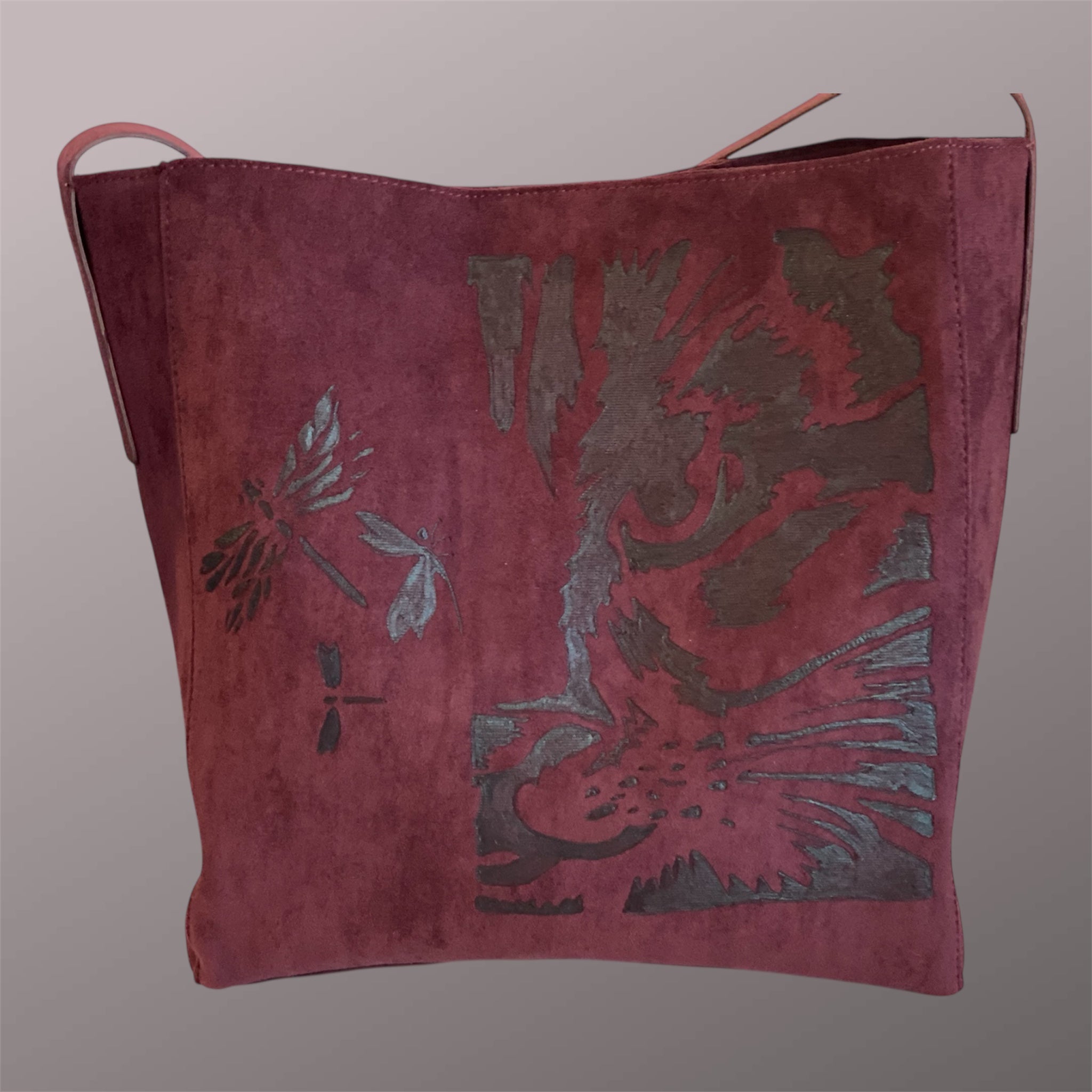 Custom Suedette Large Tote Bag, "The Cat's On The Bag", hand-burned, one off design, Maroon colour