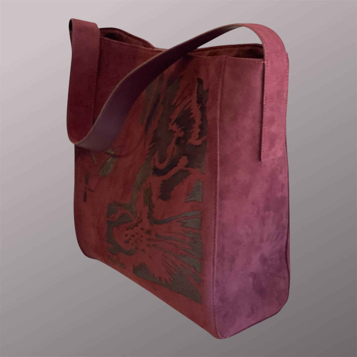 Custom Suedette Tote Bag - 'The Cat's On The Bag' | Unique Hand-Burned Design in Maroon