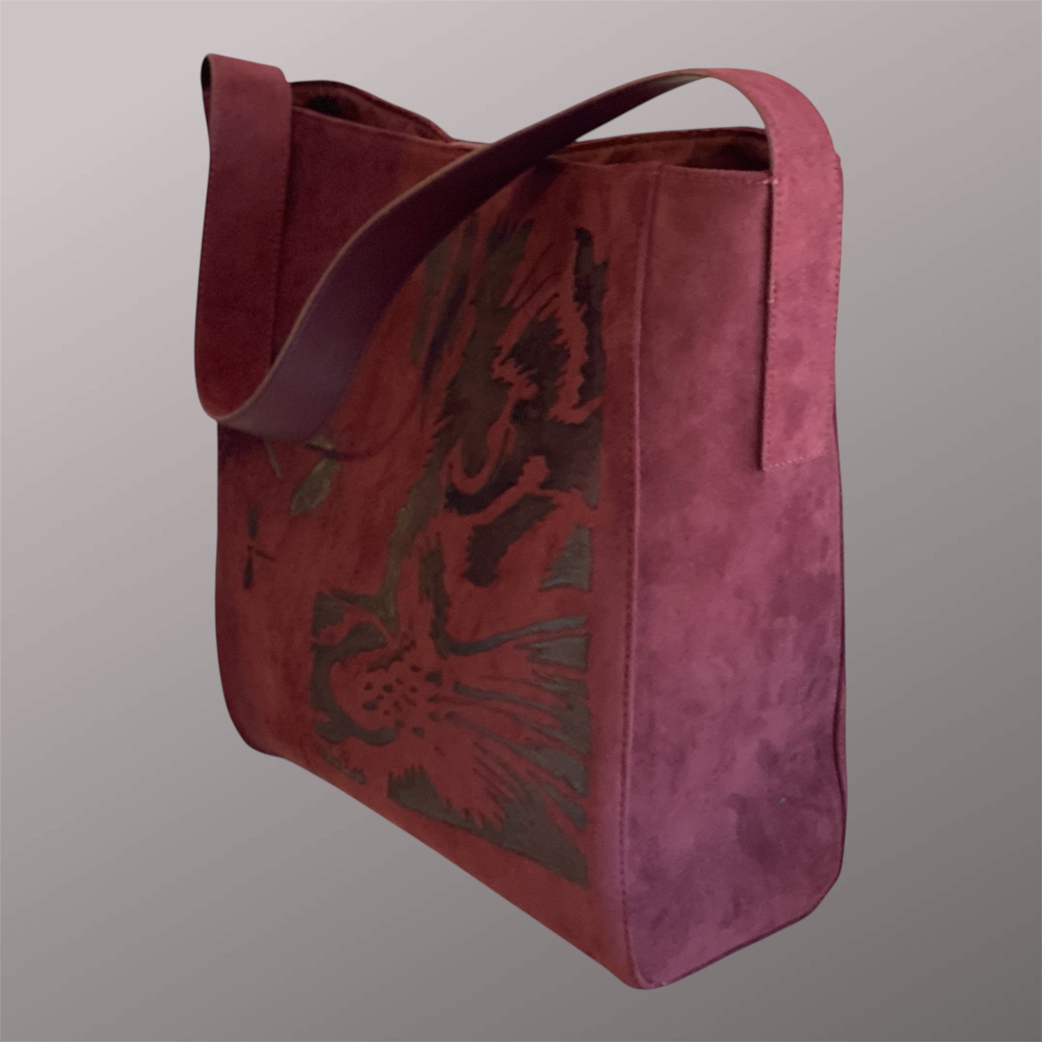 Custom Suedette Large Tote Bag, "The Cat's On The Bag", hand-burned, one off design, Maroon colour