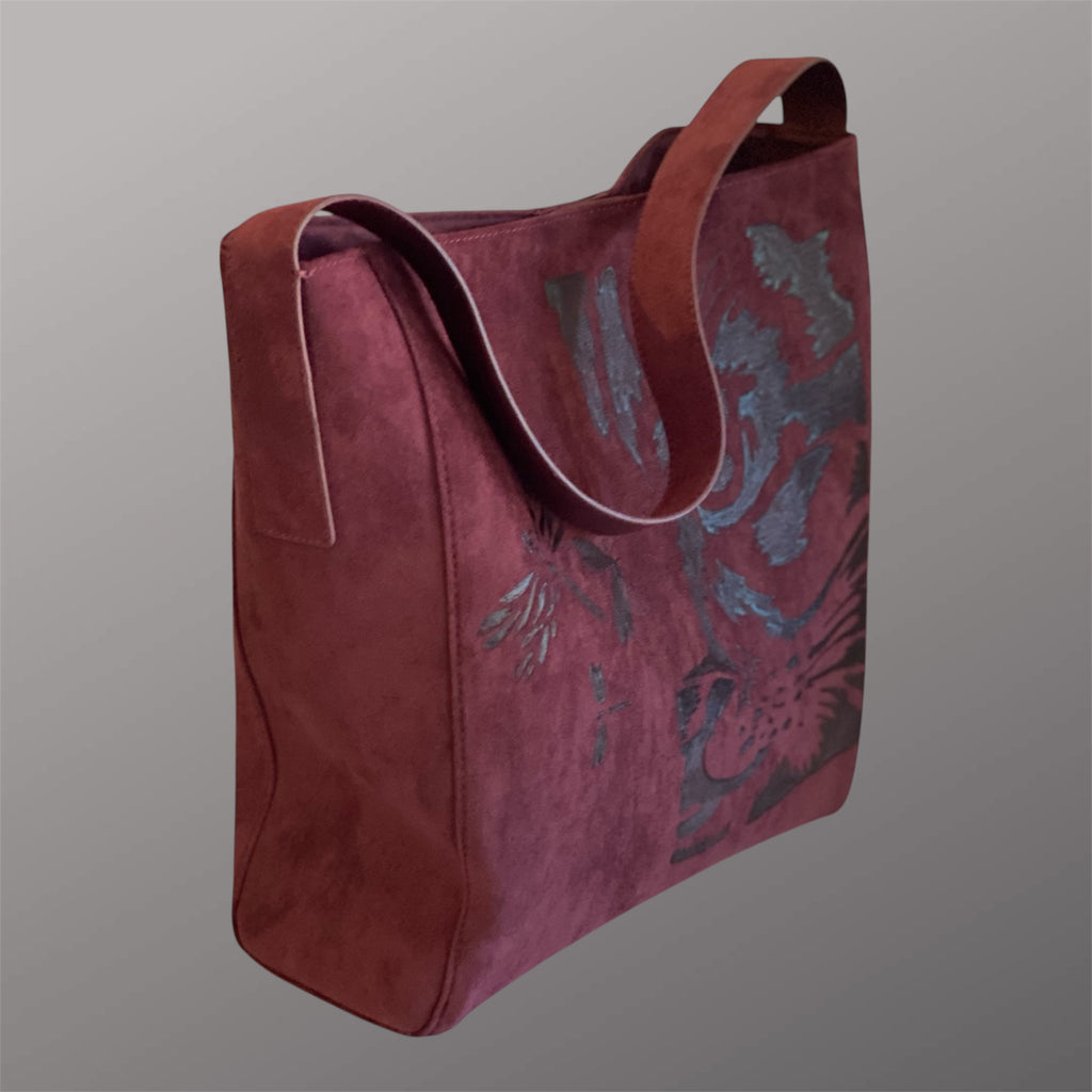 Custom Suedette Large Tote Bag, "The Cat's On The Bag", hand-burned, one off design, Maroon colour