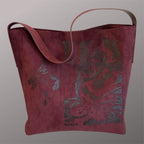 Custom Suedette Large Tote Bag, "The Cat's On The Bag", hand-burned, one off design, Maroon colour