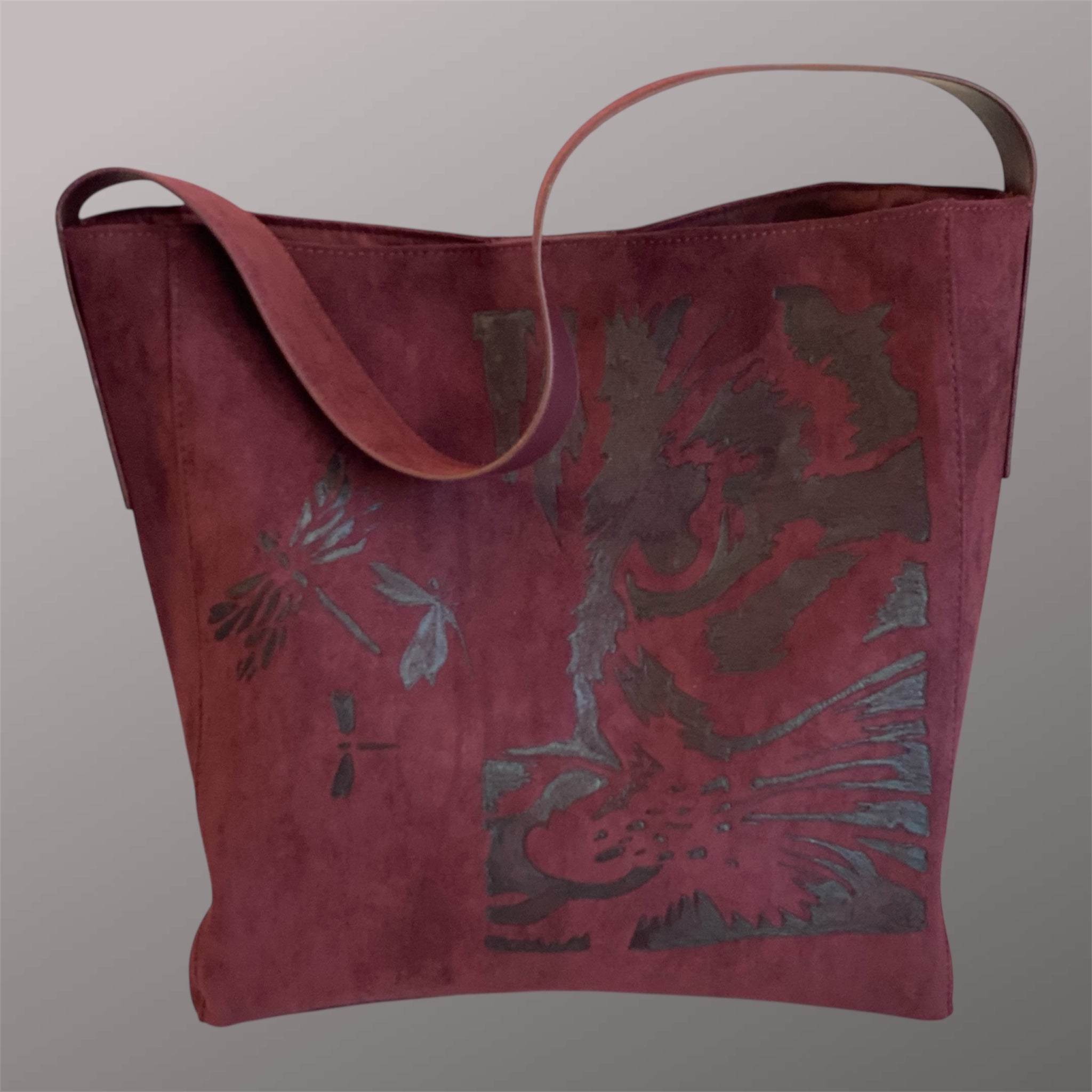 Custom Suedette Large Tote Bag, "The Cat's On The Bag", hand-burned, one off design, Maroon colour