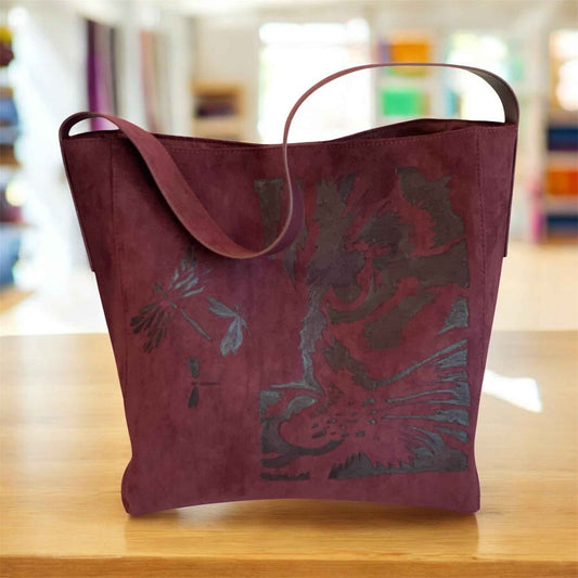 Custom Suedette Tote Bag - 'The Cat's On The Bag' | Unique Hand-Burned Design in Maroon