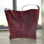 Custom Suedette Large Tote Bag, "The Cat's On The Bag", hand-burned, one off design, Maroon colour