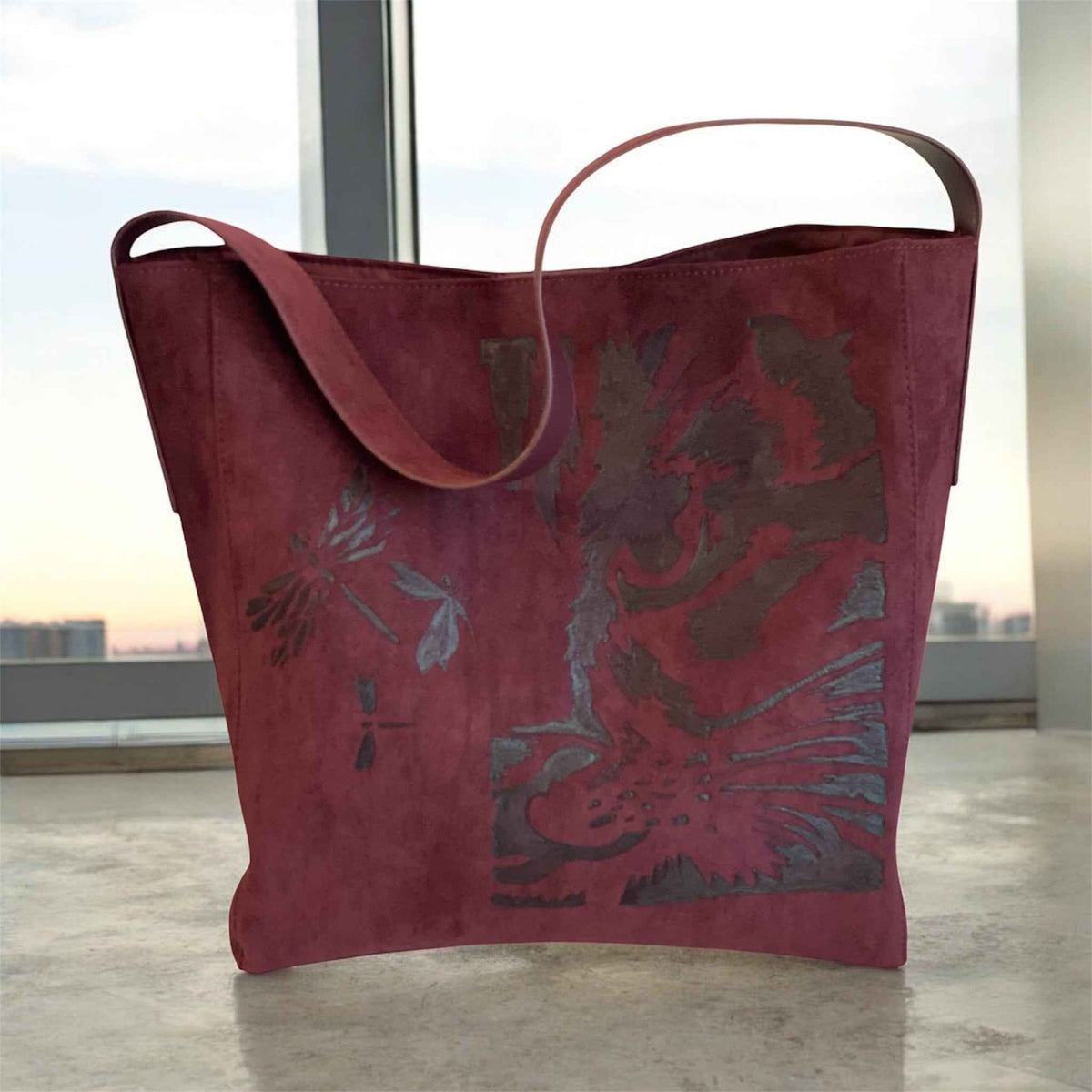 Custom Suedette Tote Bag - 'The Cat's On The Bag' | Unique Hand-Burned Design in Maroon