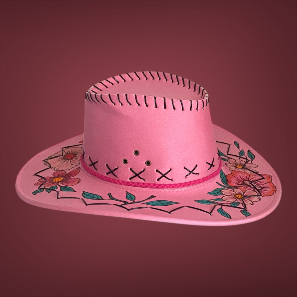 OOAK Custom Rancher Hat "Western Whimsy -  Flower Power"  handburned & handpainted, design