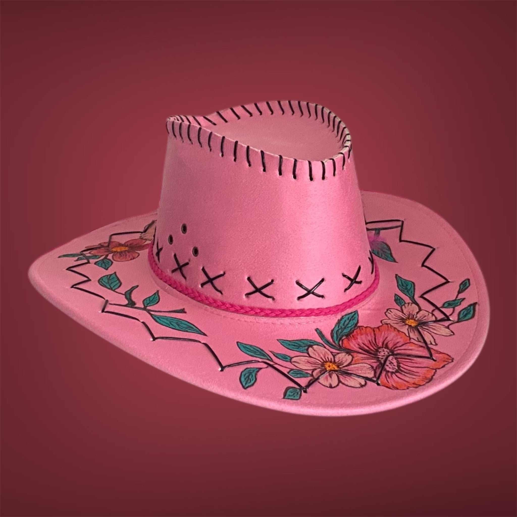 OOAK Custom Rancher Hat "Western Whimsy -  Flower Power"  handburned & handpainted, design