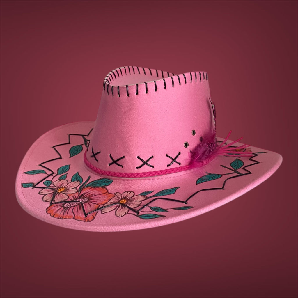 OOAK Custom Rancher Hat "Western Whimsy -  Flower Power"  handburned & handpainted, design