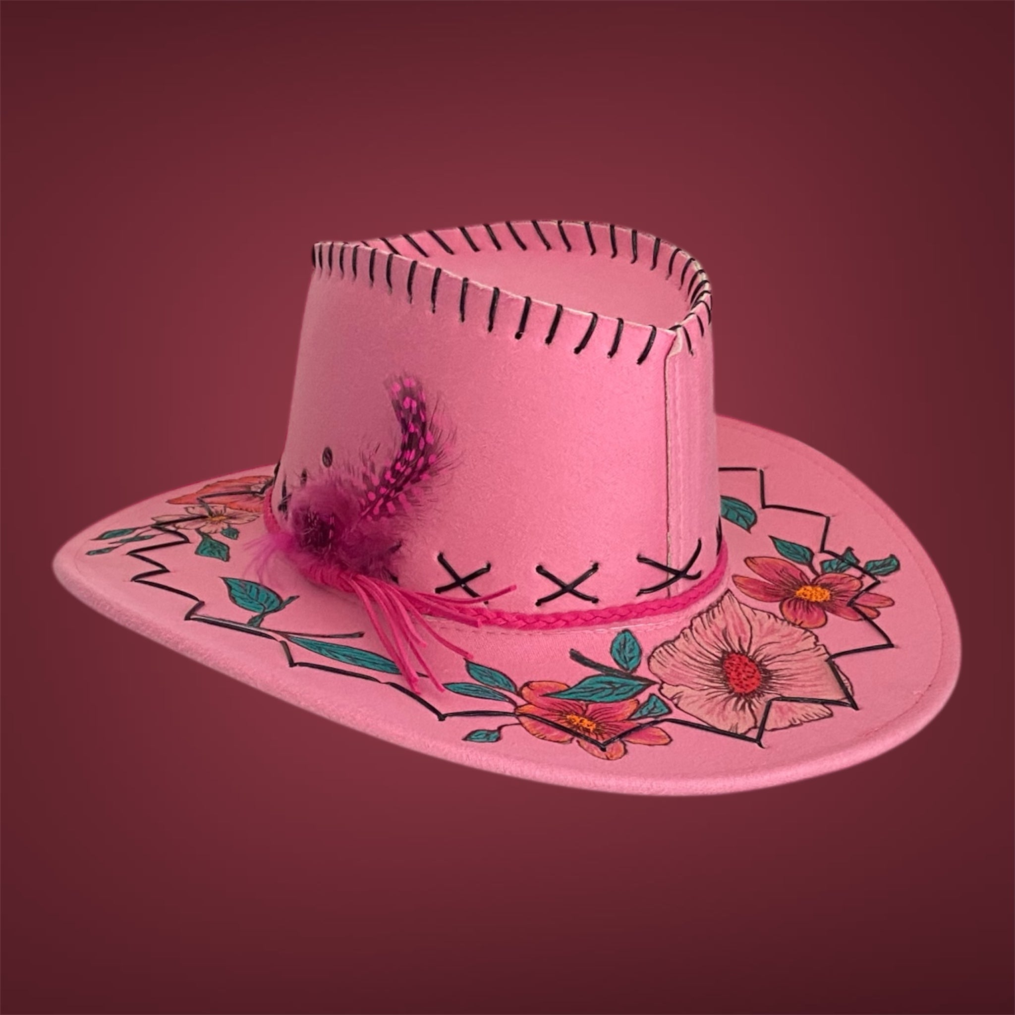 OOAK Custom Rancher Hat "Western Whimsy -  Flower Power"  handburned & handpainted, design