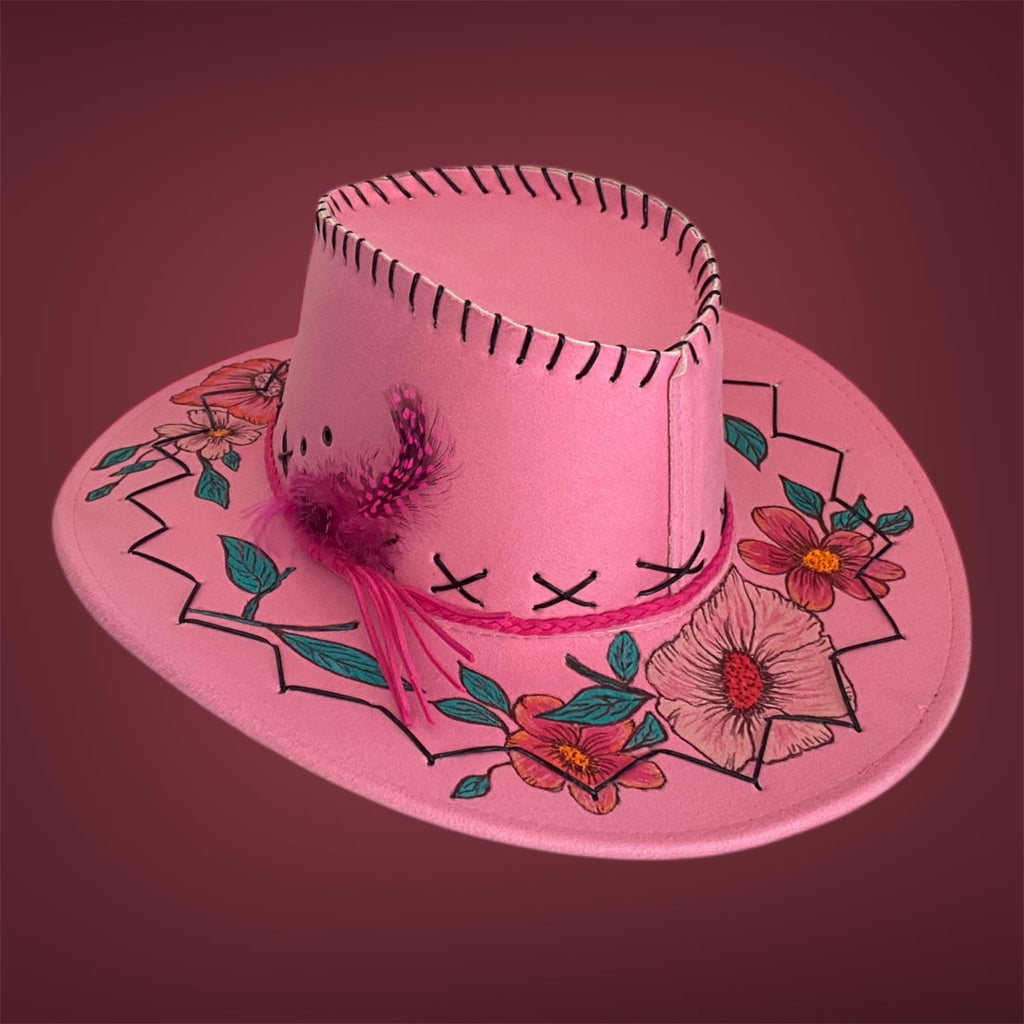 OOAK Custom Rancher Hat "Western Whimsy -  Flower Power"  handburned & handpainted, design